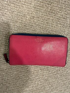 Smythson Pink Zip-Around Leather Wallet with Navy Trim